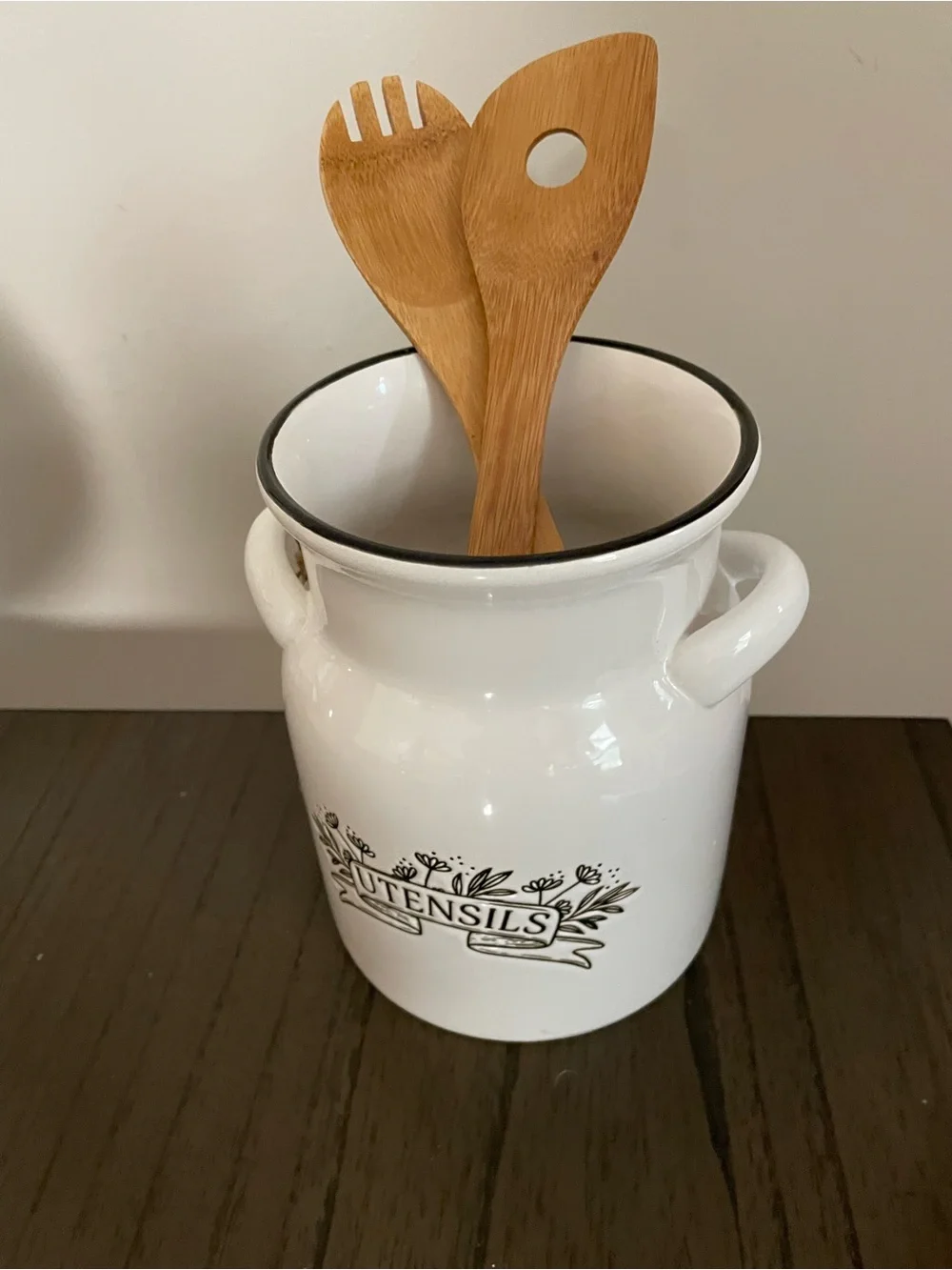 White Ceramic Utensil Holder Crock with Black Accent